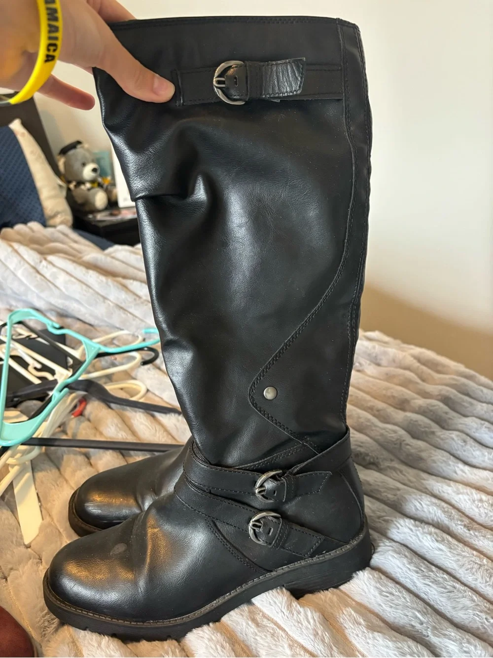 Black Women's Tall Buckle Leather Boots